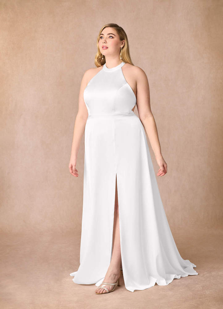 elyessen Sian Stretch Diamond White A-Line Side Slit Stretch Satin Dress