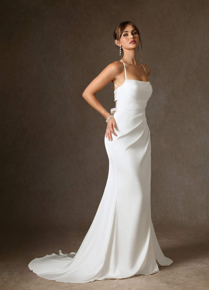 elyessen Kierra Stretch Diamond White Mermaid Pleated Stretch Satin Dress