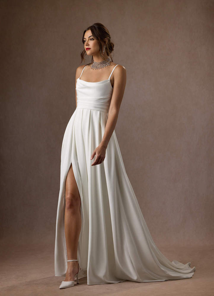 elyessen Caymus Diamond White A-Line Scoop Pleated Crepe Back Satin Dress
