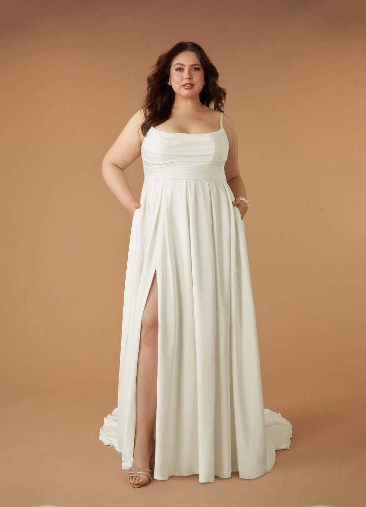elyessen Diamond White A-Line Scoop Pleated Crepe Back Satin Dress