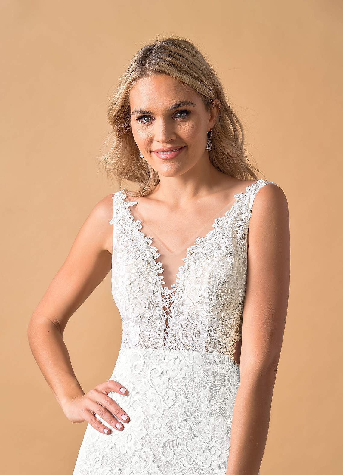 elyessen Gracen Diamond White Champagne Mermaid V-Neck Lace Tulle Dress