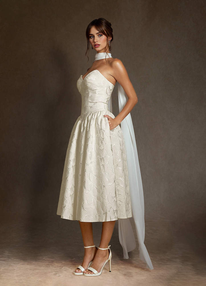 elyessen Devam Cream A-Line Strapless Floral Jacquard Dress