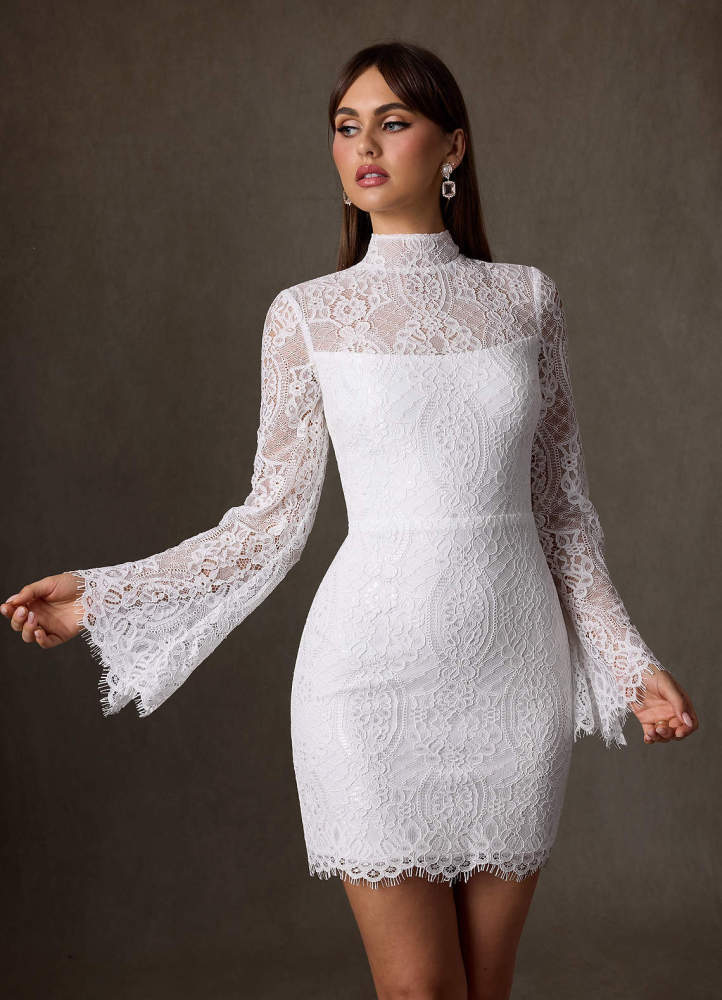 elyessen Ivie Diamond White Sheath High Neck Lace Dress