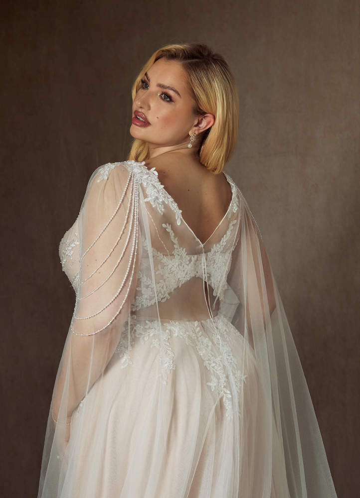 elyessen Goddess Two-Piece Diamond White A-Line V-Neck Sequins Tulle Dress