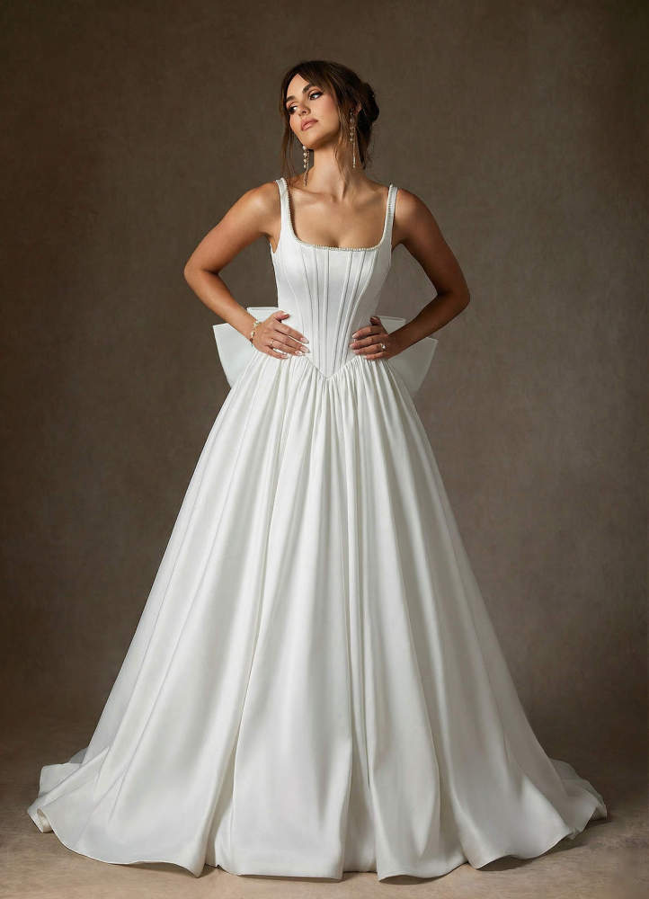 elyessen Cyanne Stretch Diamond White Ball-Gown with Pockets Stretch Satin Dress