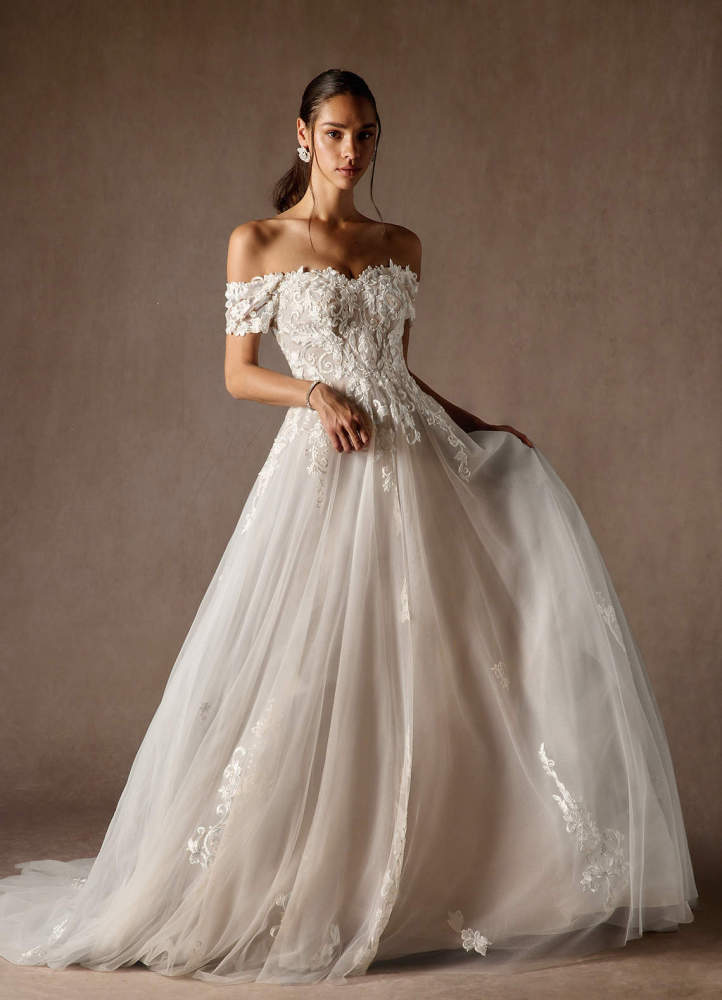 elyessen  Diamond White Ball-Gown Off the Shoulder Tulle Dress