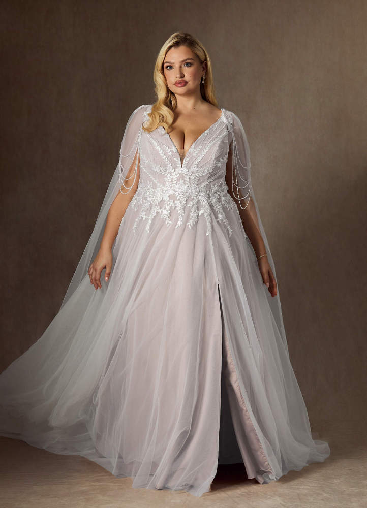 elyessen Goddess Two-Piece Diamond White A-Line V-Neck Sequins Tulle Dress