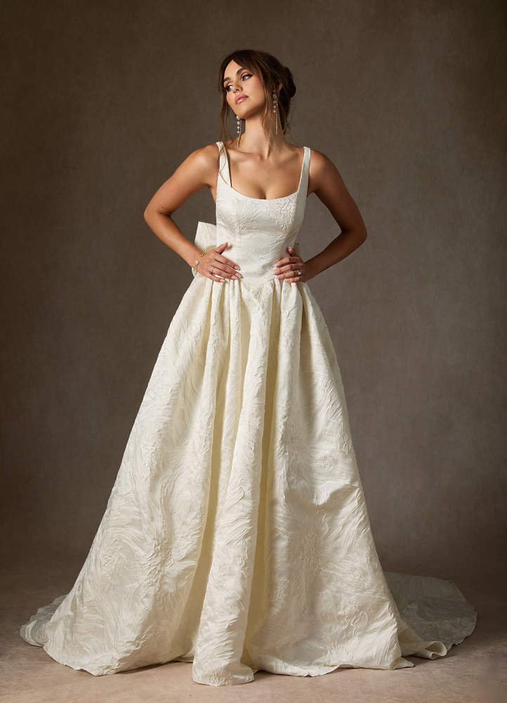 elyessen  Diamond White Ball-Gown with Pockets Floral Jacquard Dress
