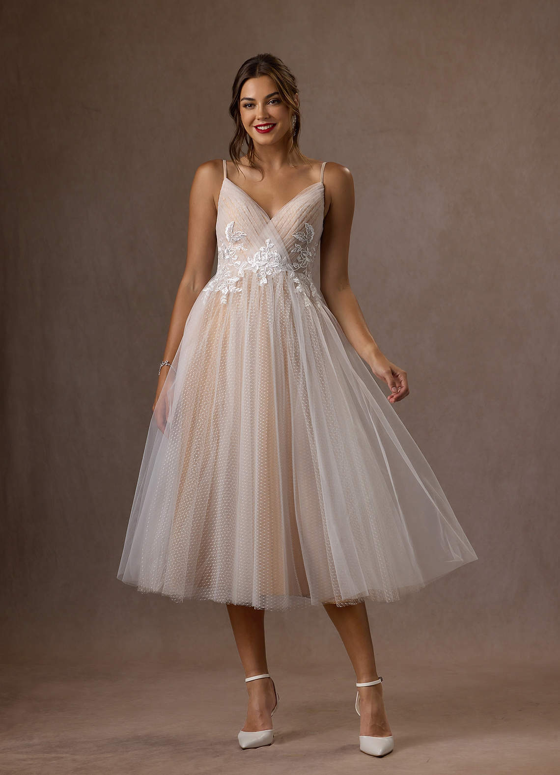 elyessen Diamond White A-Line V-Neck Sequins Tulle Dress