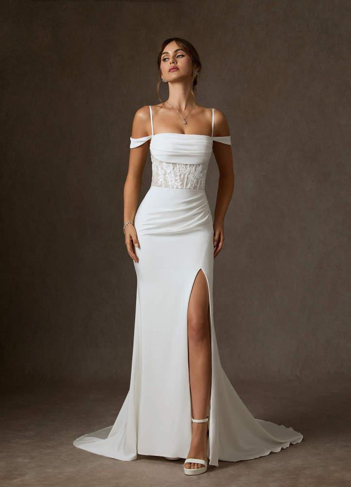 elyessen Alyce Diamond White Mermaid Off the Shoulder Crepe Back Satin Dress