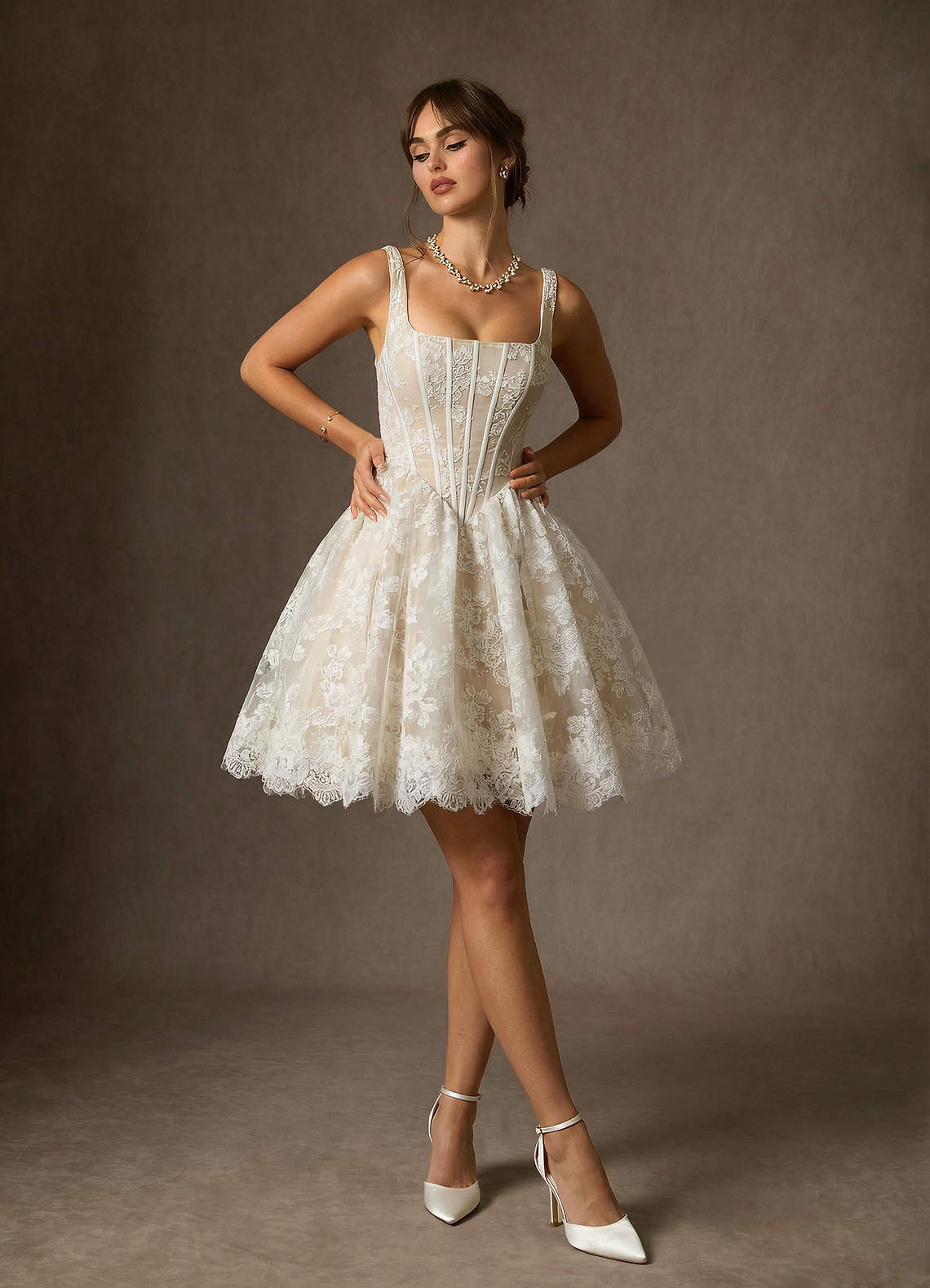elyessen Nolicia Diamond White Ball-Gown Square Neckline Lace Dress