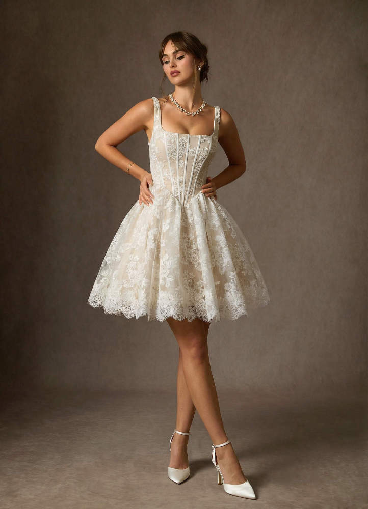 elyessen Nolicia Diamond White Ball-Gown Square Neckline Lace Dress
