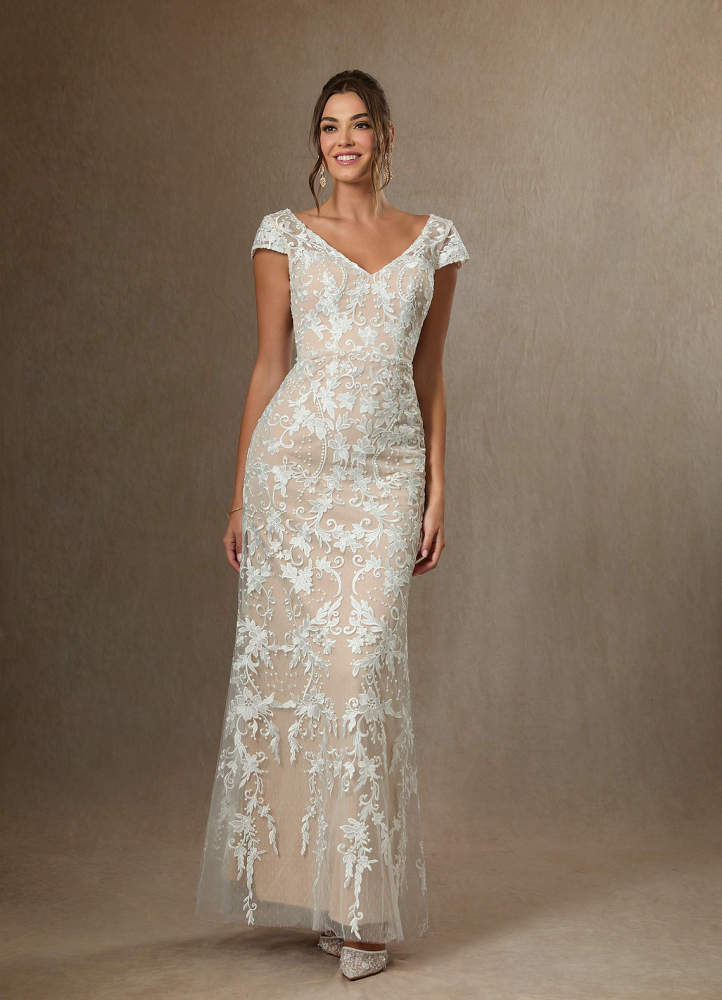 elyessen Devonna Diamond White Sheath V-Neck Sequins Lace Dress