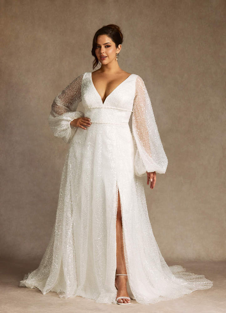 elyessen Gaia Stretch Diamond White A-Line V-Neck Beading Dress