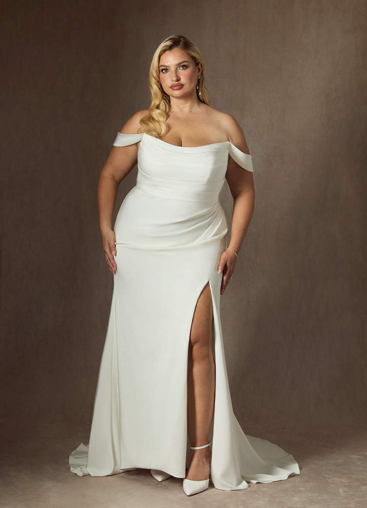 elyessen Moonlight Diamond White Mermaid Scoop Pleated Crepe Back Satin Dress
