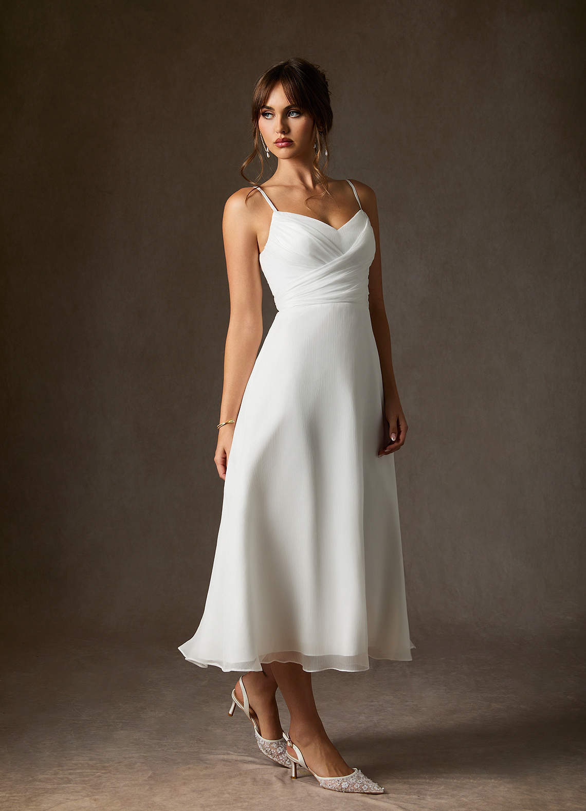 elyessen Kali Diamond White A-Line V-Neck Pleated Crinkle Chiffon Dress