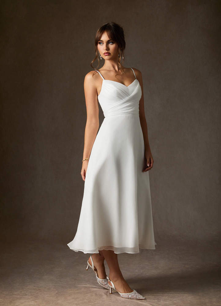 elyessen Kali Diamond White A-Line V-Neck Pleated Crinkle Chiffon Dress