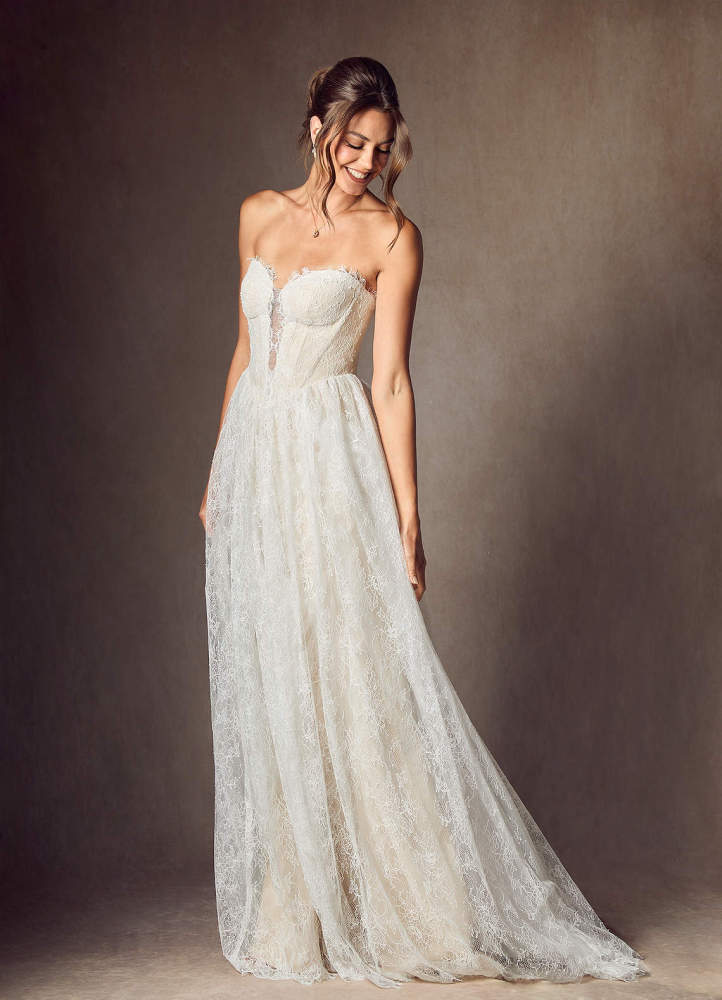 elyessen  Diamond White A-Line Strapless Lace Dress
