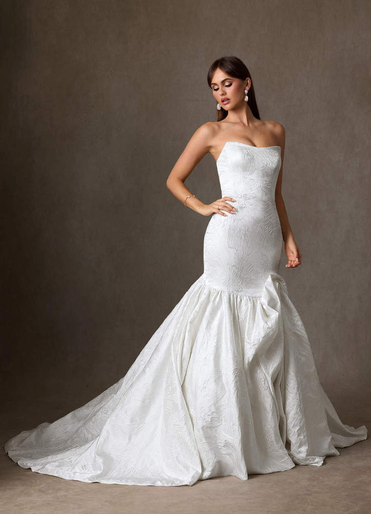 elyessen Quinta Diamond White Mermaid Strapless Floral Jacquard Dress