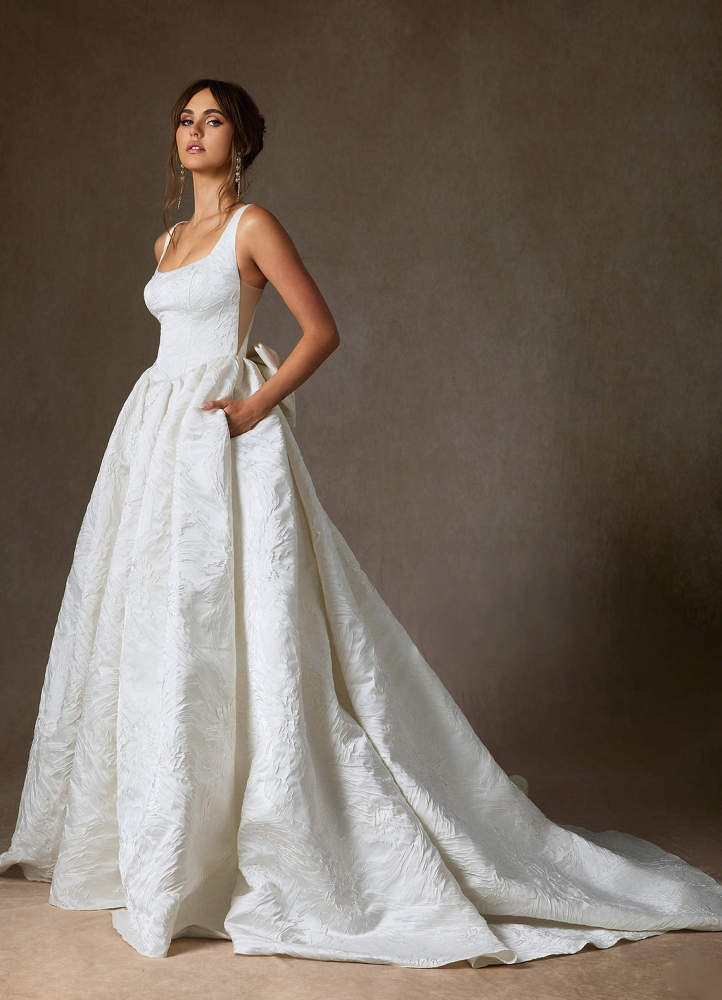 elyessen  Diamond White Ball-Gown with Pockets Floral Jacquard Dress