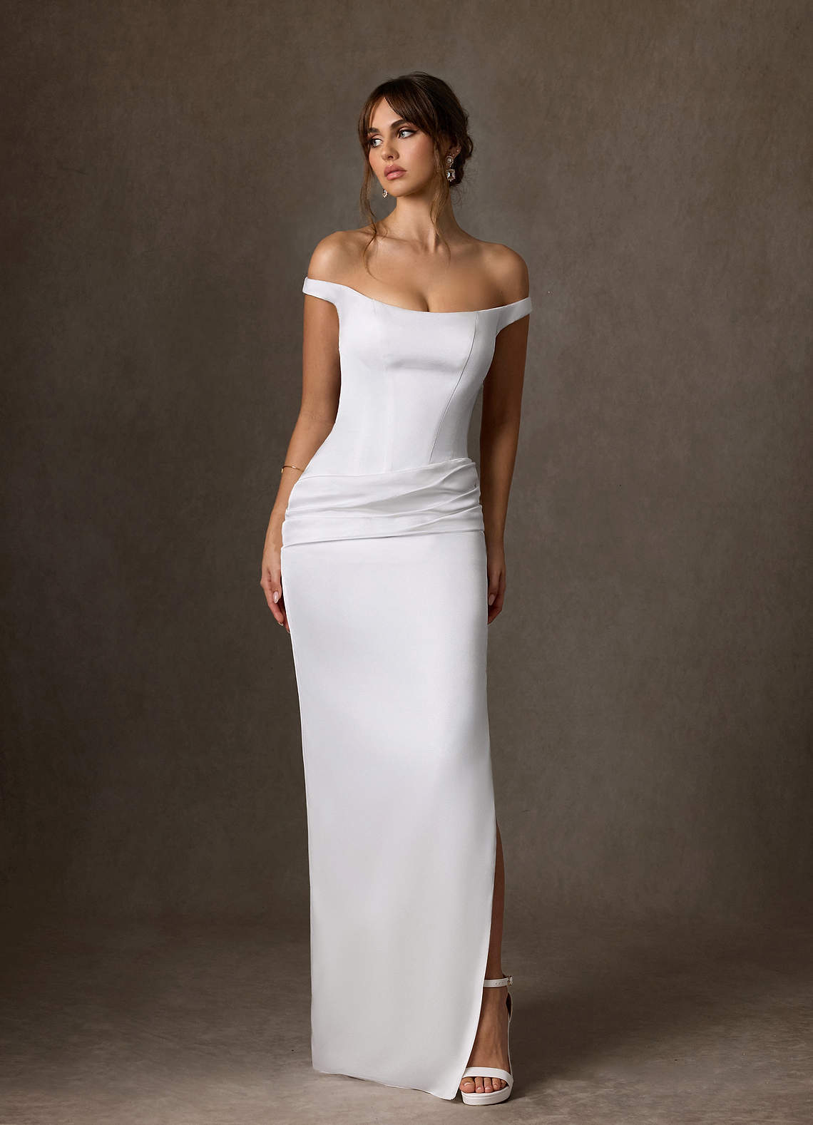 elyessen Marcia Stretch Diamond White Sheath Off the Shoulder Stretch Satin Dress