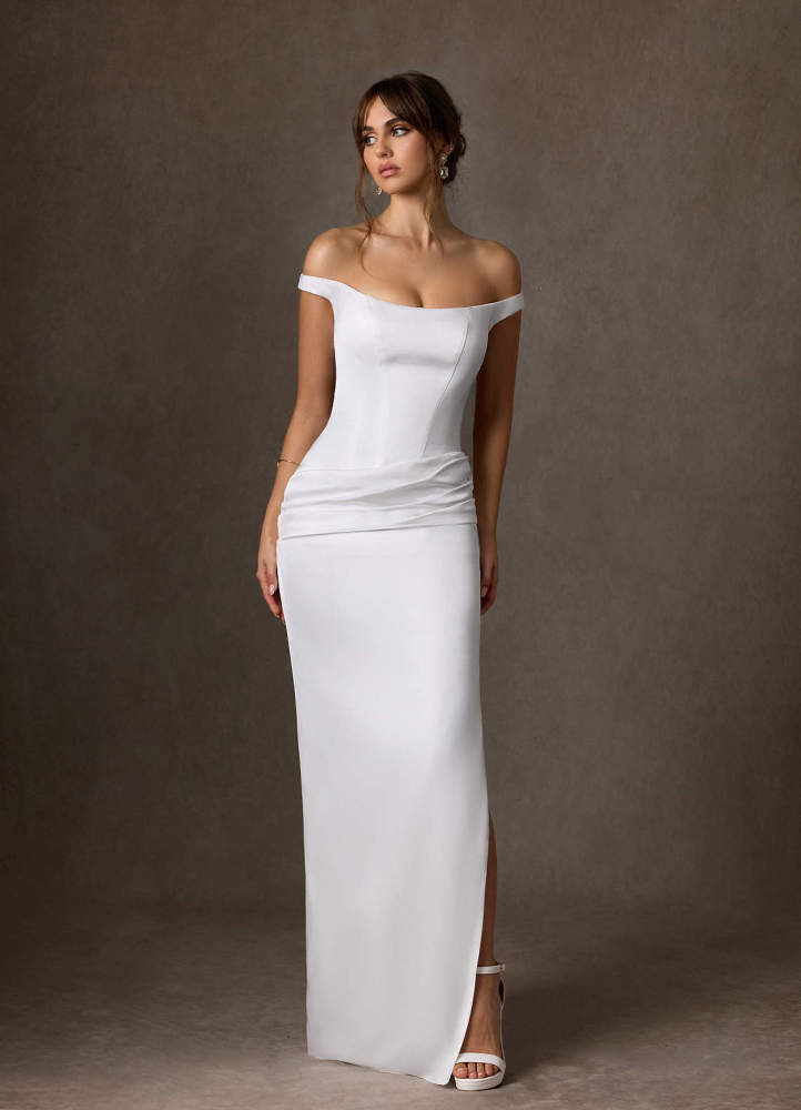elyessen Marcia Stretch Diamond White Sheath Off the Shoulder Stretch Satin Dress