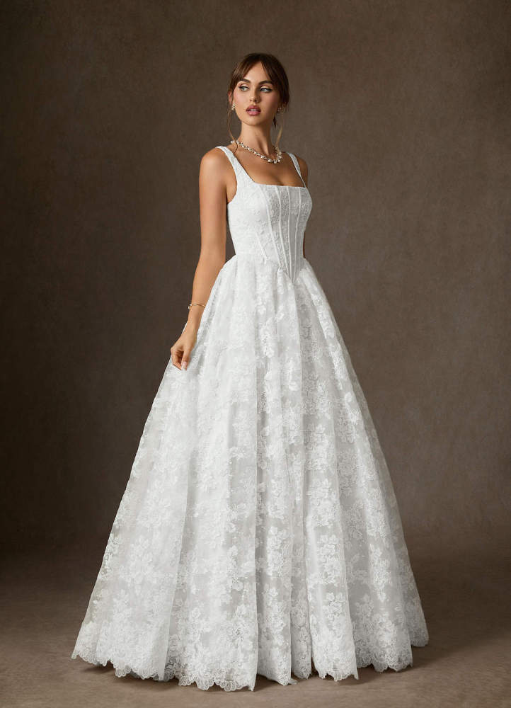 elyessen Geneva Diamond White Ball-Gown Square Neckline Lace Dress