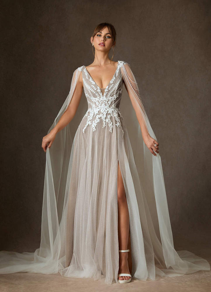 elyessen Goddess Two-Piece Diamond White A-Line V-Neck Sequins Tulle Dress