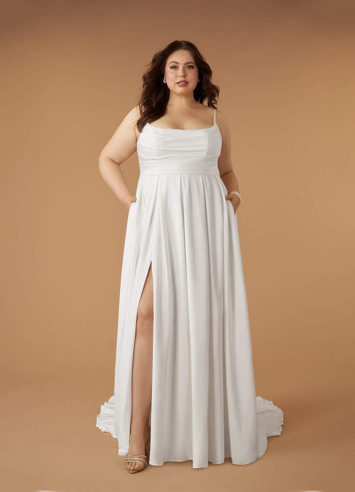 elyessen Caymus Diamond White A-Line Scoop Pleated Crepe Back Satin Dress