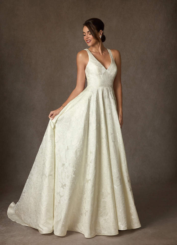 elyessen Olivette Diamond White Ball-Gown Strap Floral Jacquard Dress