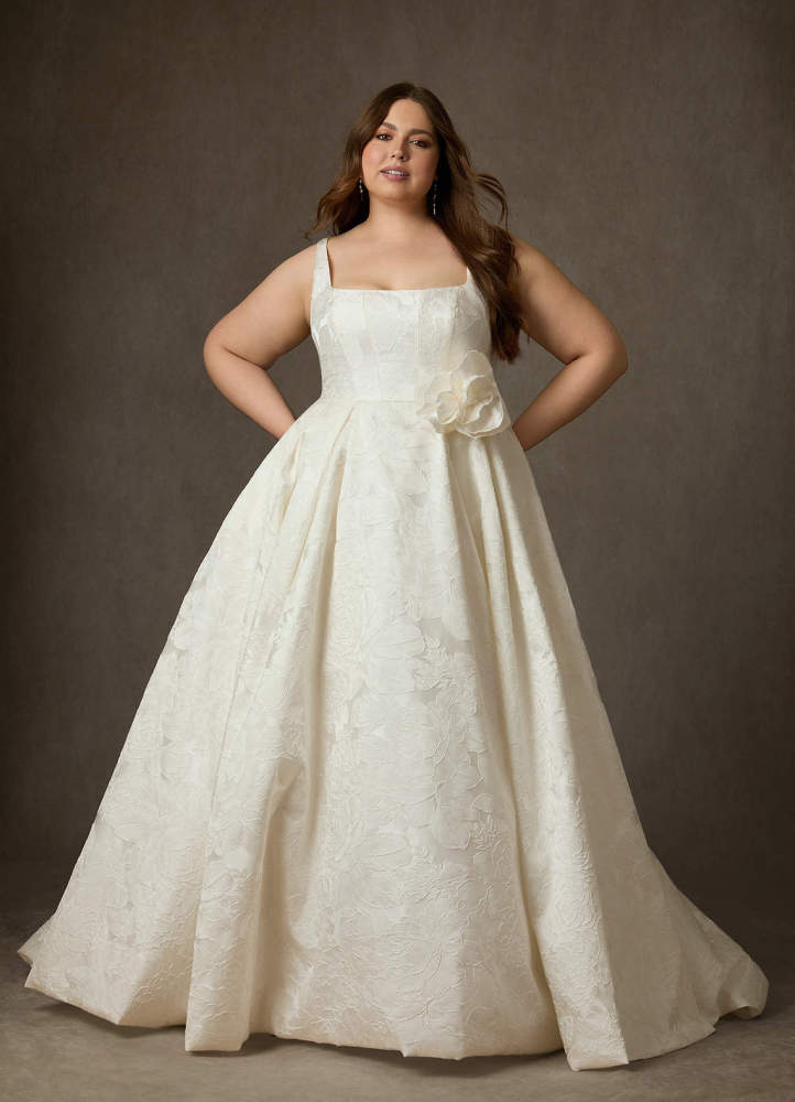 elyessen Ruby Antique White Ball-Gown with Pockets Floral Jacquard Dress