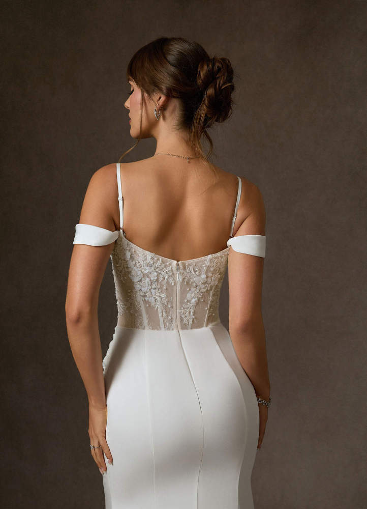 elyessen  Diamond White Mermaid Off the Shoulder Crepe Back Satin Dress