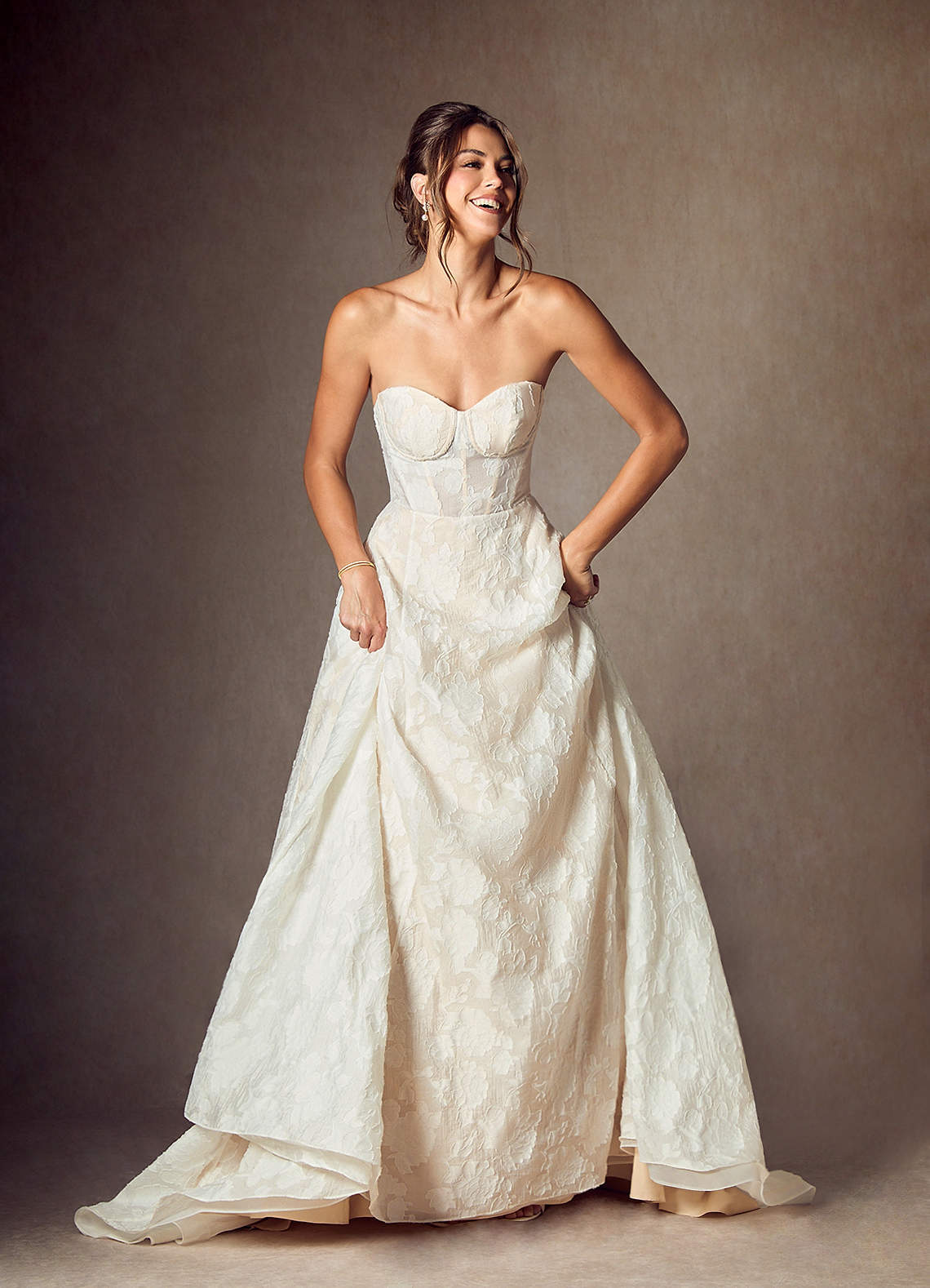 elyessen  Diamond White Ball-Gown Strapless Floral Burnout Jacquard Dress