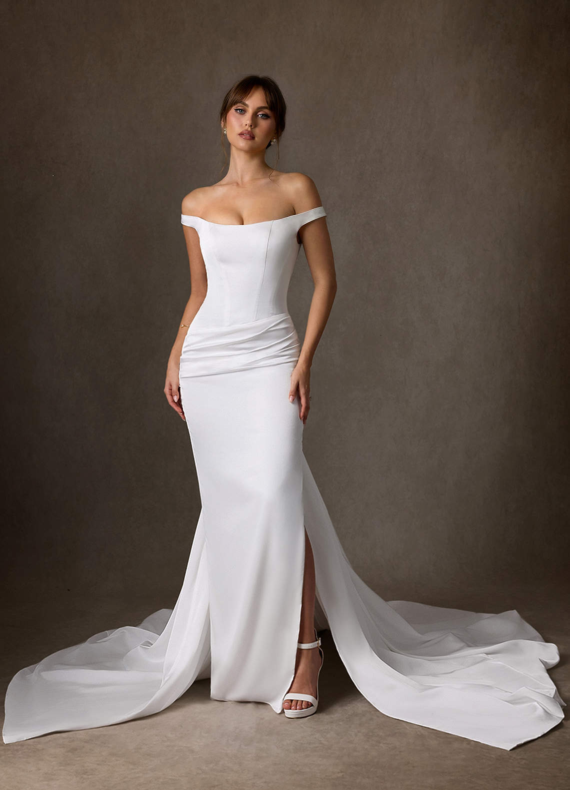 elyessen Marciana 
                Stretch Diamond White Sheath Off the Shoulder Stretch Satin Dress