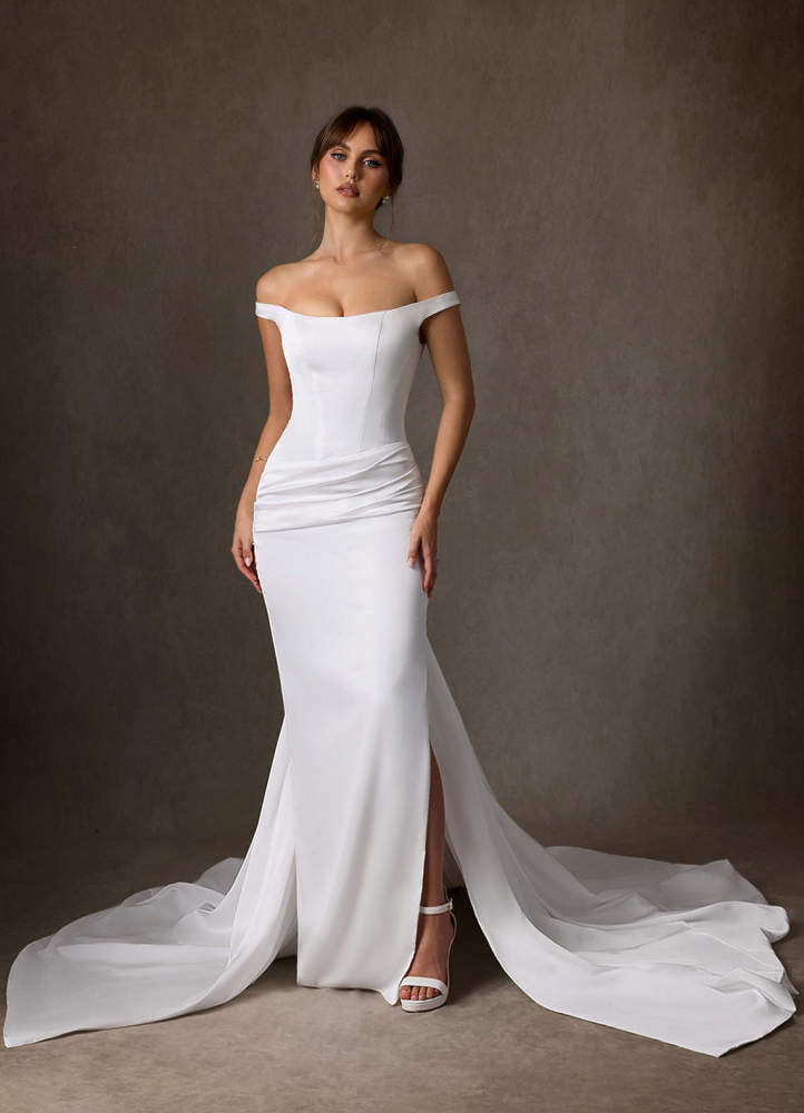 elyessen Marciana 
                Stretch Diamond White Sheath Off the Shoulder Stretch Satin Dress