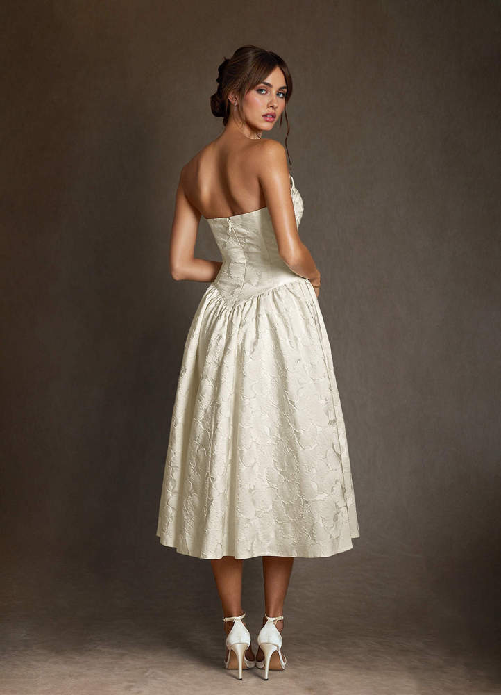 elyessen Devam Cream A-Line Strapless Floral Jacquard Dress
