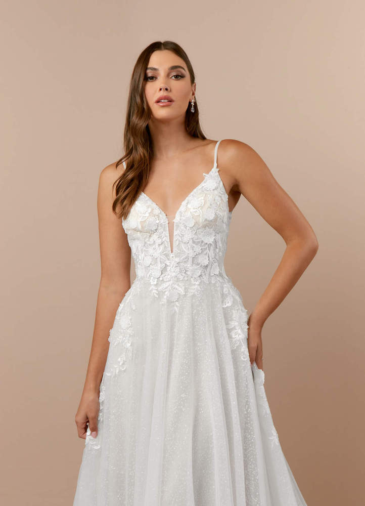 elyessen Arabelle Diamond White A-Line V-Neck Lace Tulle Dress