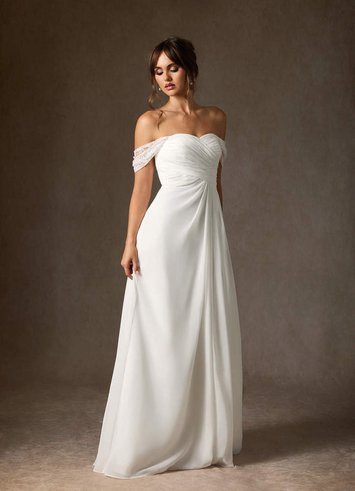 elyessen Zadie Diamond White A-Line Off the Shoulder Chiffon Dress