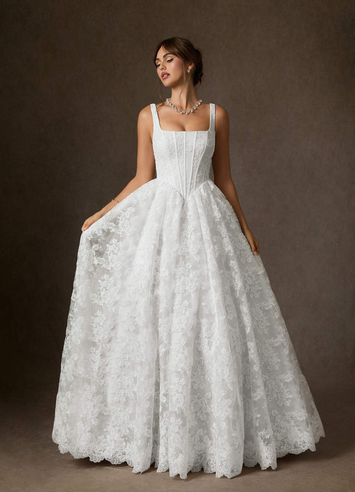 elyessen Geneva Diamond White Ball-Gown Square Neckline Lace Dress