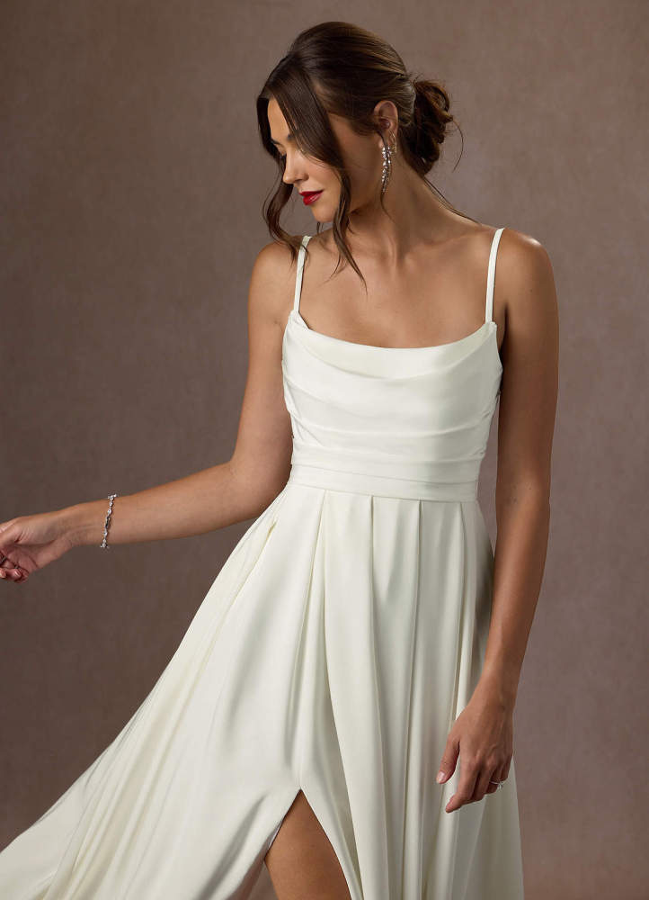 elyessen Diamond White A-Line Scoop Pleated Crepe Back Satin Dress
