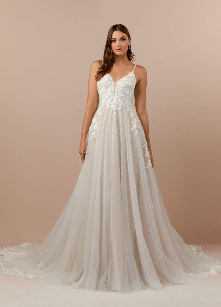 elyessen  Diamond White A-Line V-Neck Lace Tulle Dress