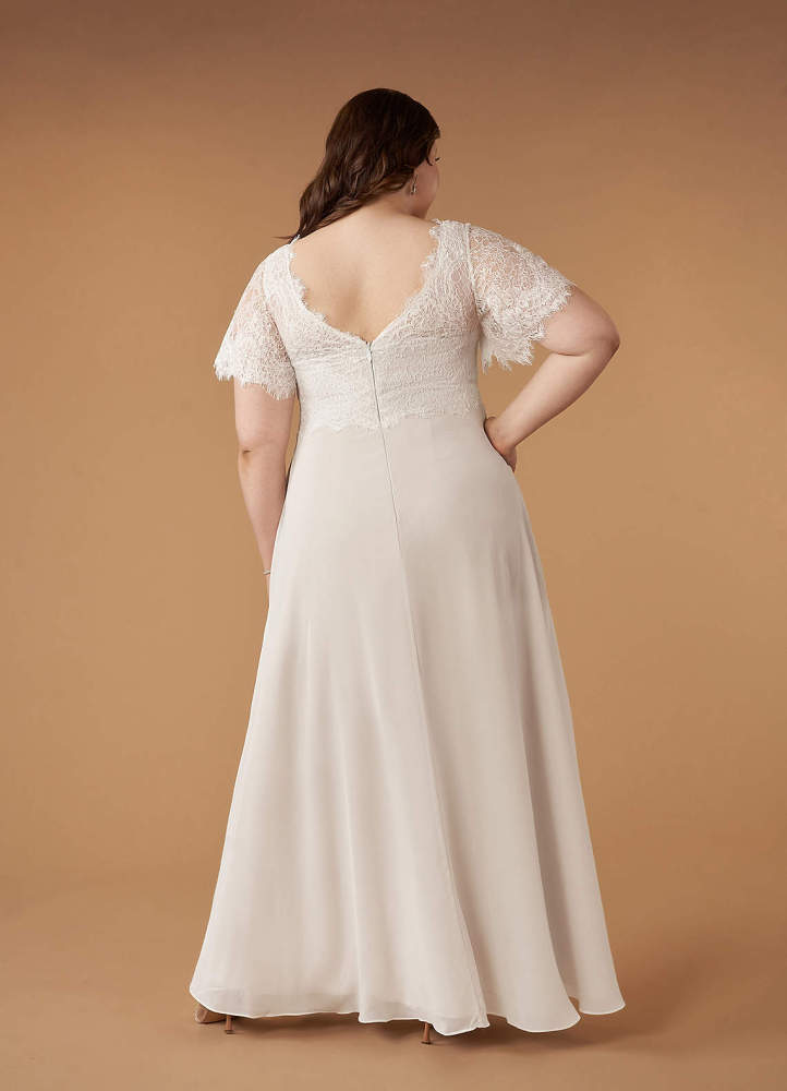 elyessen Diamond White A-Line V-Neck lace Chiffon Dress