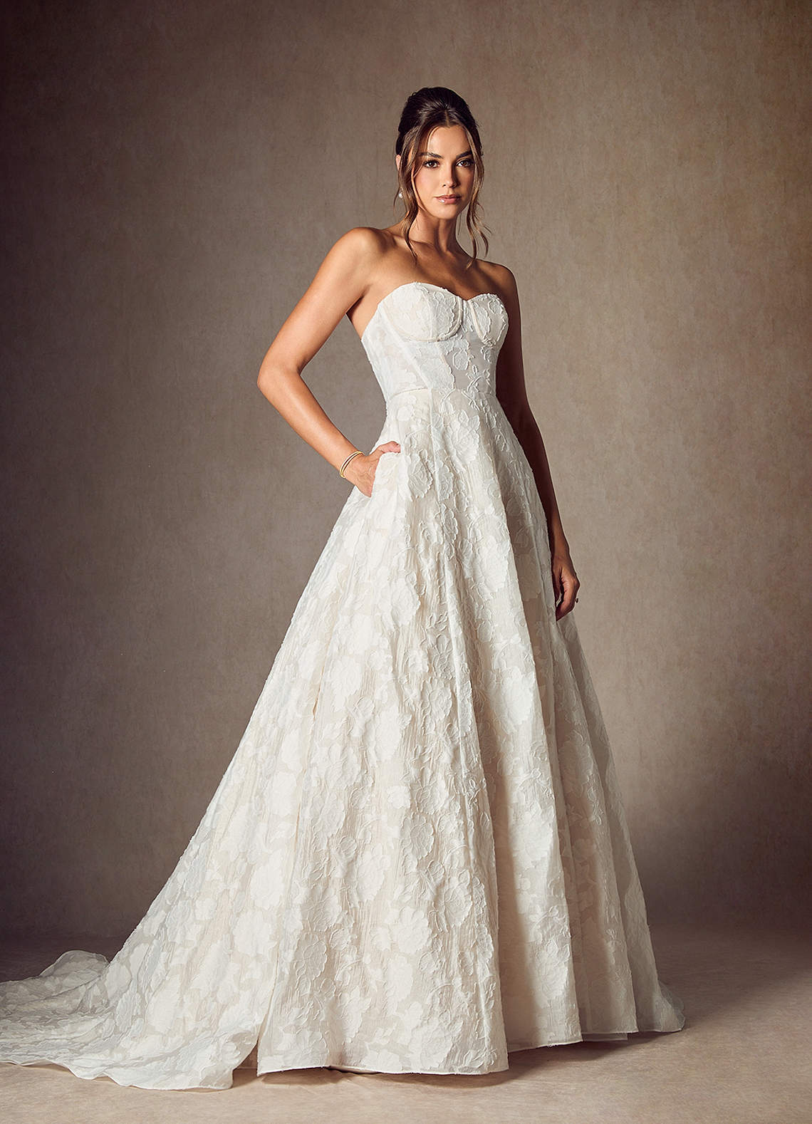elyessen  Diamond White Ball-Gown Strapless Floral Burnout Jacquard Dress