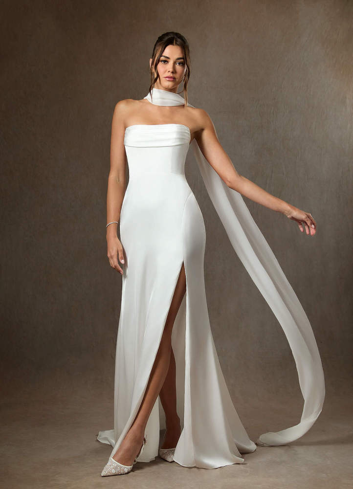 elyessen Blithe Stretch Diamond White Sheath Side Slit Stretch Satin Dress