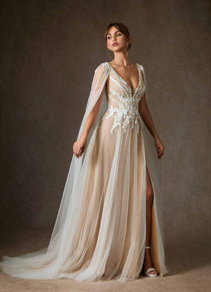elyessen Goddess Two-Piece Diamond White A-Line V-Neck Sequins Tulle Dress