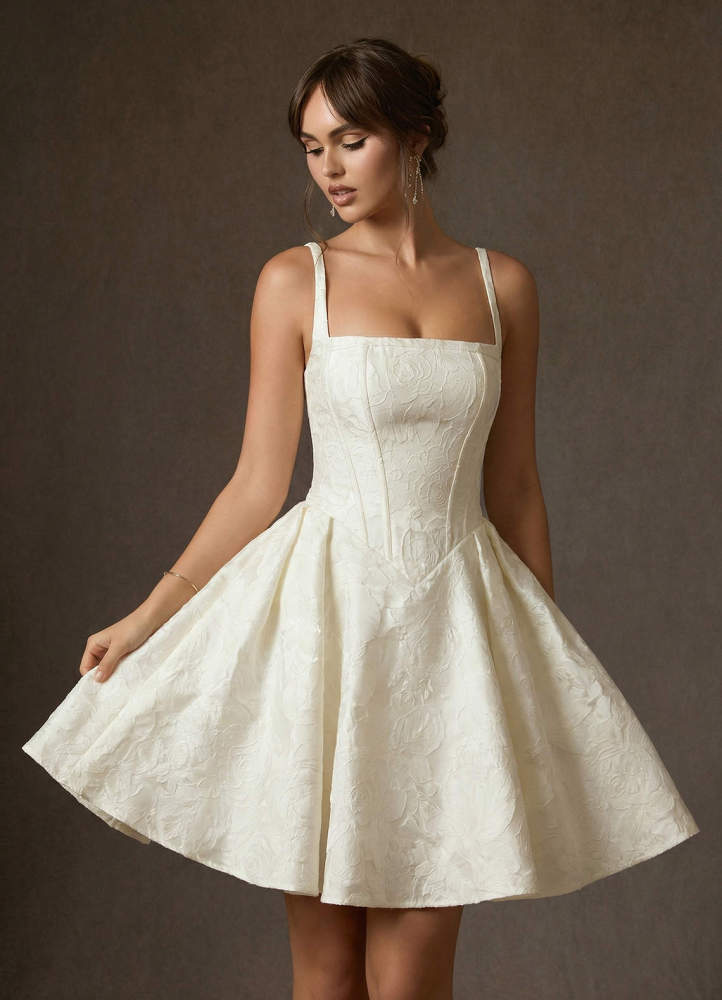 elyessen Daisley Antique White A-Line with Pockets Floral Jacquard Dress