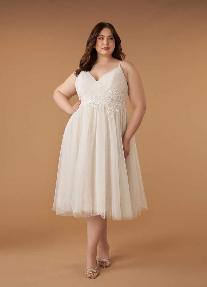 elyessen Diamond White A-Line V-Neck Sequins Tulle Dress