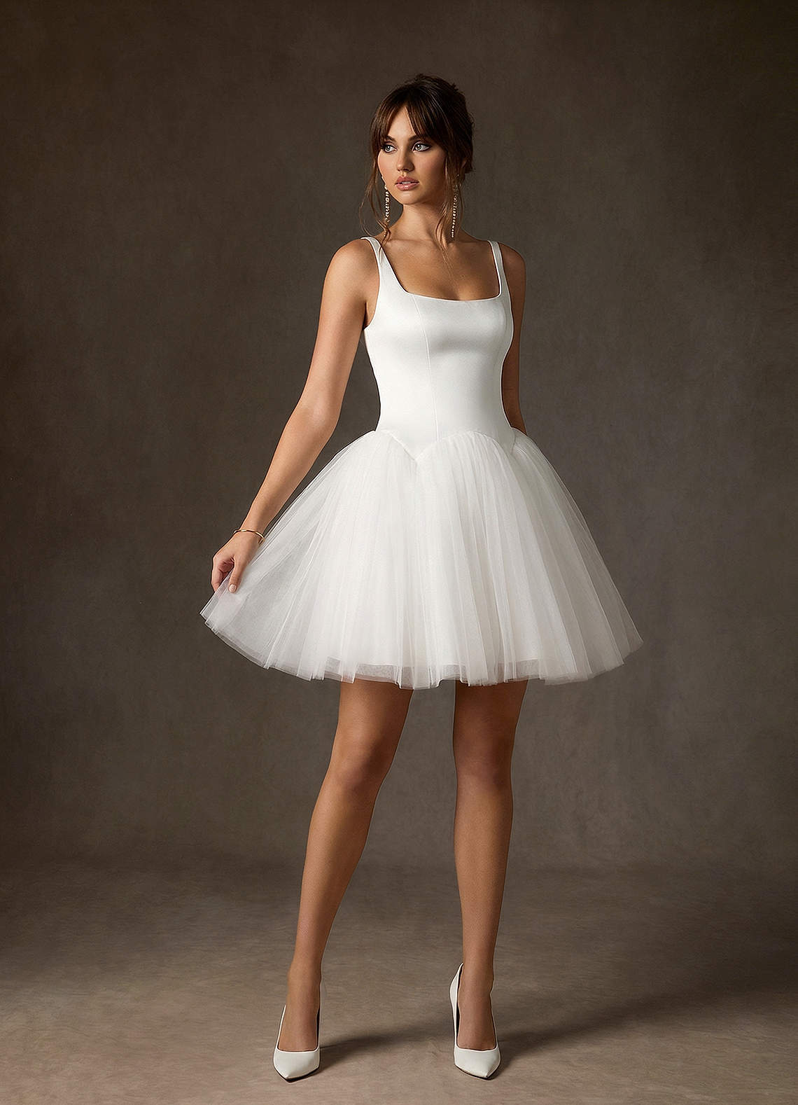 elyessen Annora Diamond White A-Line Square Neckline Tulle Dress