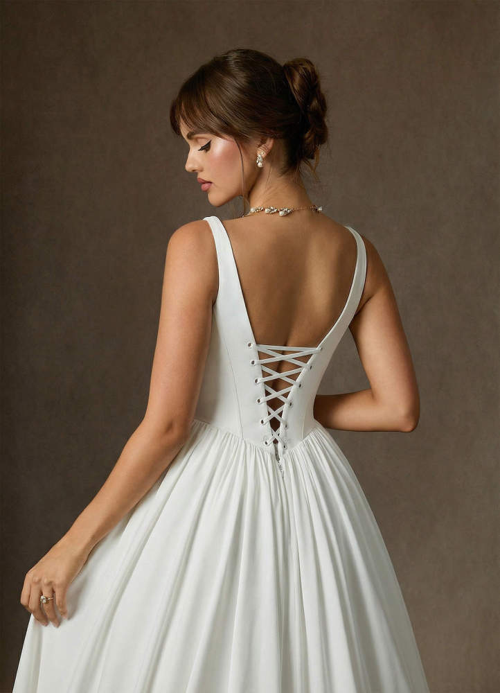 elyessen Cyanne Stretch Diamond White Ball-Gown with Pockets Stretch Satin Dress
