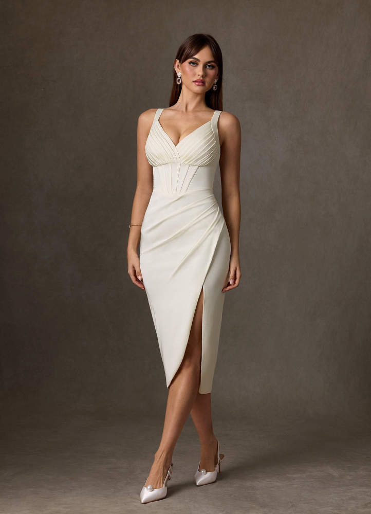 elyessen Zoie Diamond White Sheath Pleated Crepe Back Satin Dress